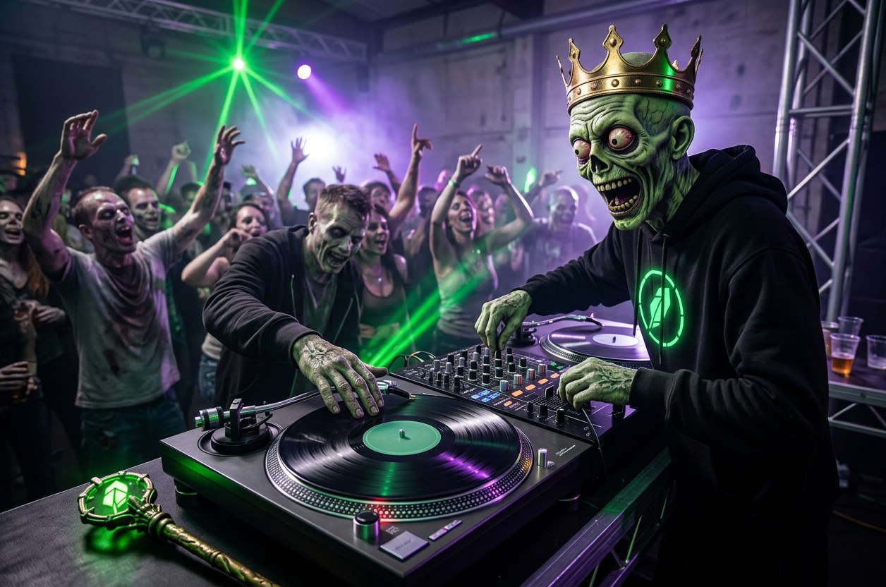 $DBTS mascot DJing for the horde under green lasers