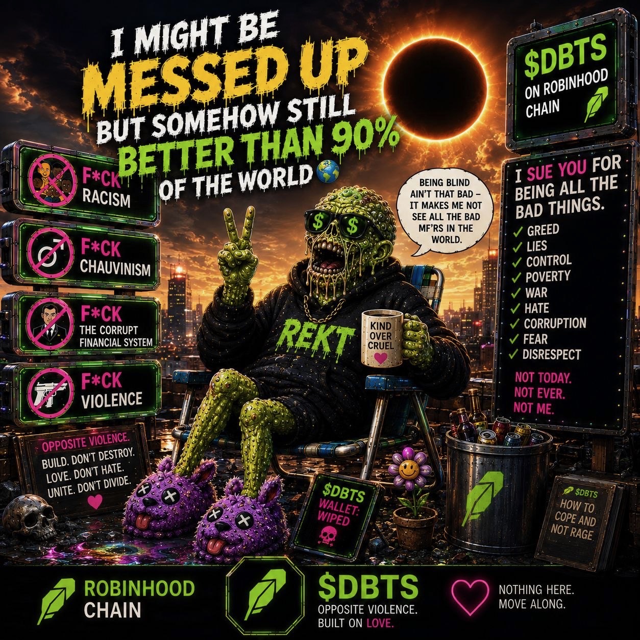 $DBTS mascot chilling on a rooftop at sunset with anti-hate signs