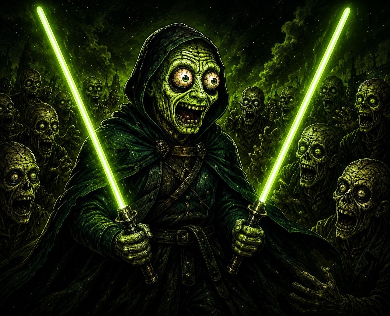 $DBTS mascot leading a glowing green horde
