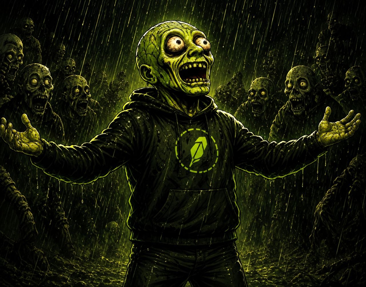 $DBTS mascot standing in the rain with the horde behind him